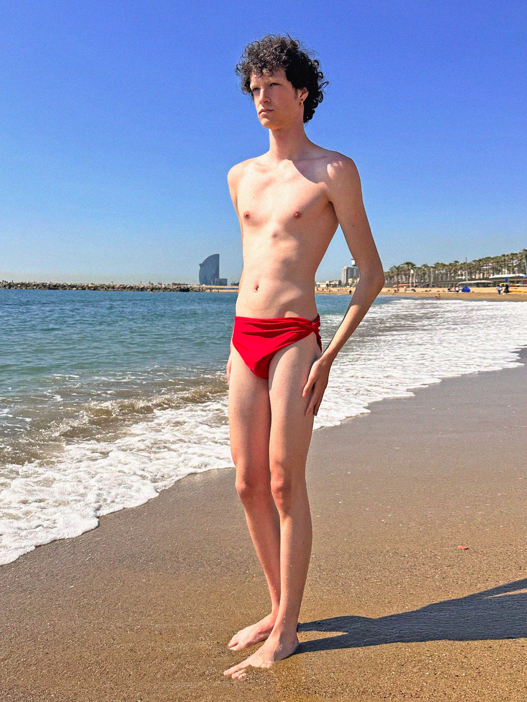 Red drapped swimwear