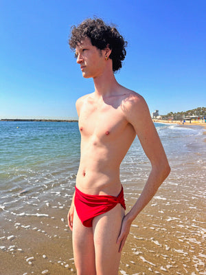 Red drapped swimwear